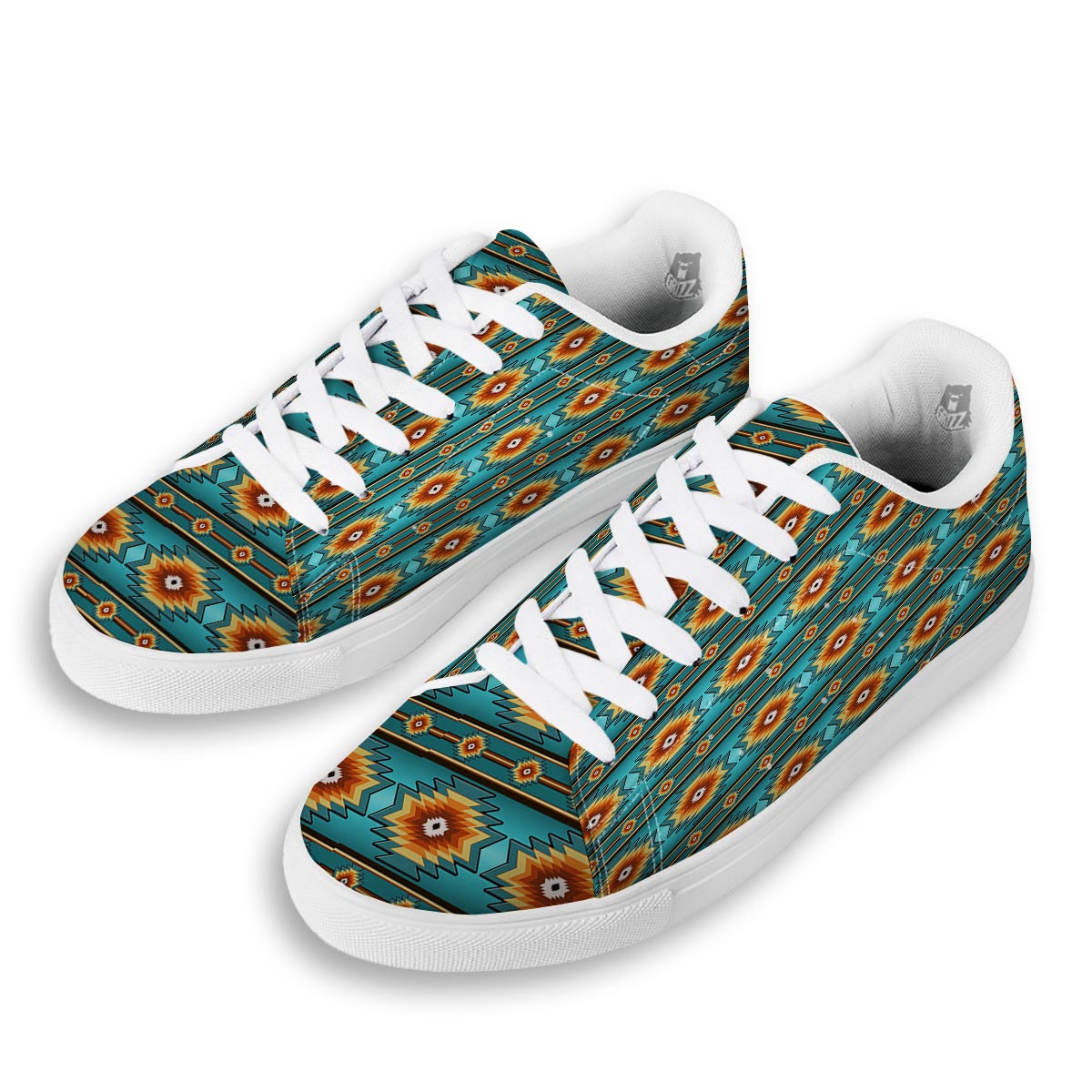 Navajo Teal Southwestern Print Pattern White Low Top Sneakers-grizzshop
