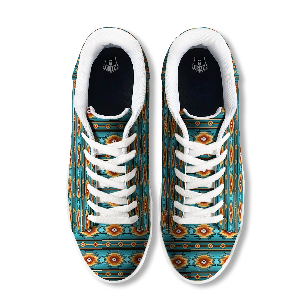 Navajo Teal Southwestern Print Pattern White Low Top Sneakers-grizzshop