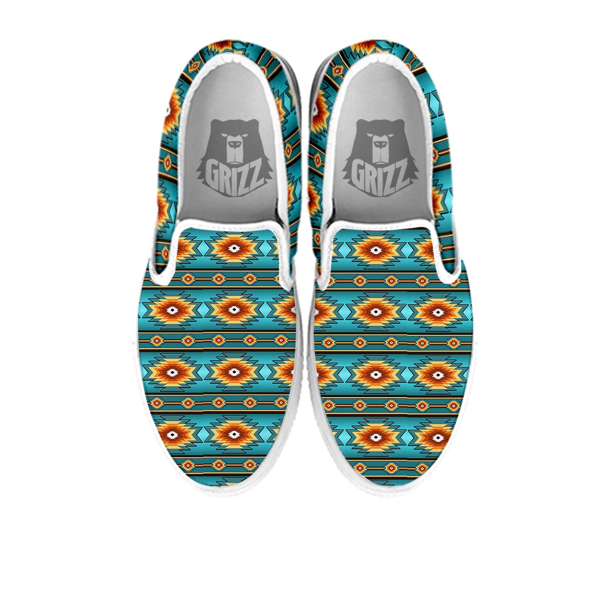 Navajo Teal Southwestern Print Pattern White Slip On Shoes-grizzshop