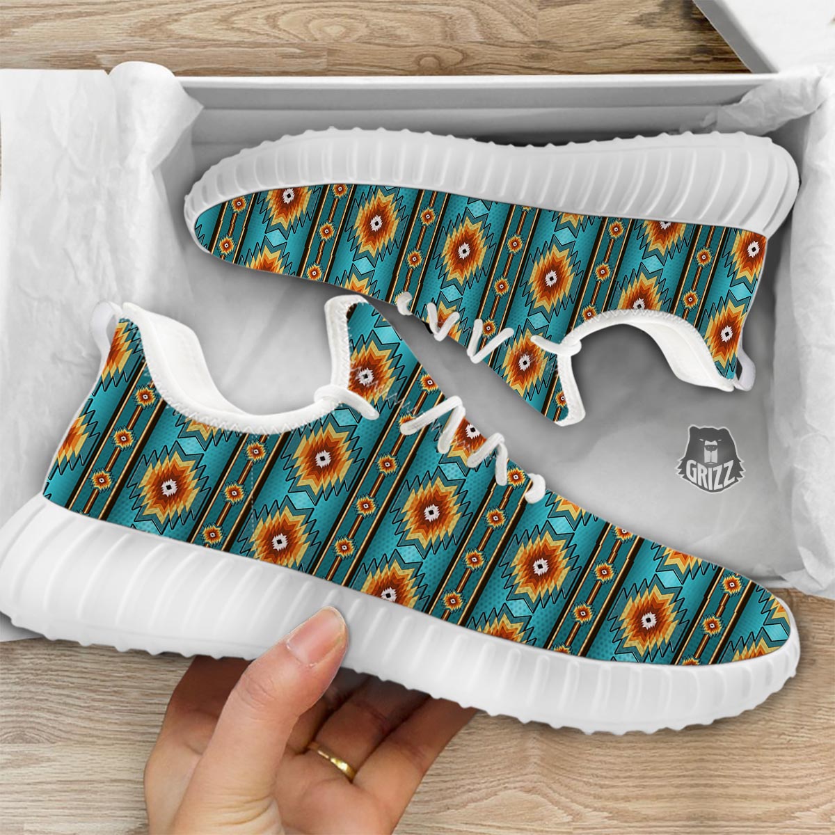 Navajo Teal Southwestern Print Pattern White Walking Shoes-grizzshop