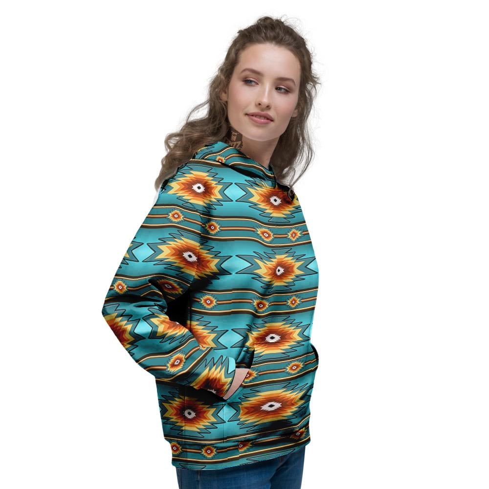 Navajo Teal Southwestern Print Pattern Women's Hoodie-grizzshop
