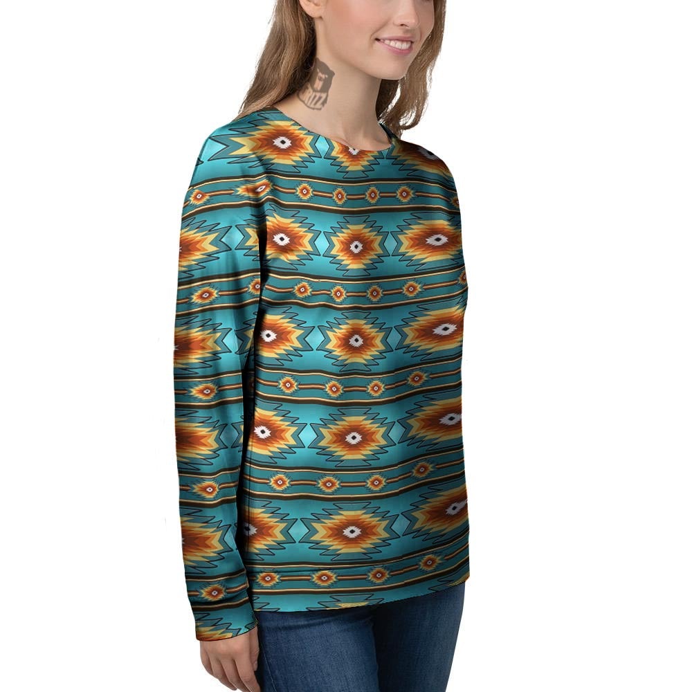 Navajo Teal Southwestern Print Pattern Women's Sweatshirt-grizzshop