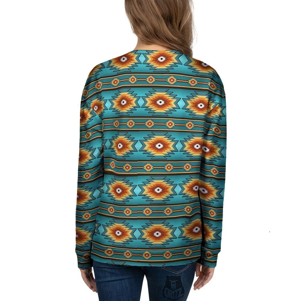 Navajo Teal Southwestern Print Pattern Women's Sweatshirt-grizzshop