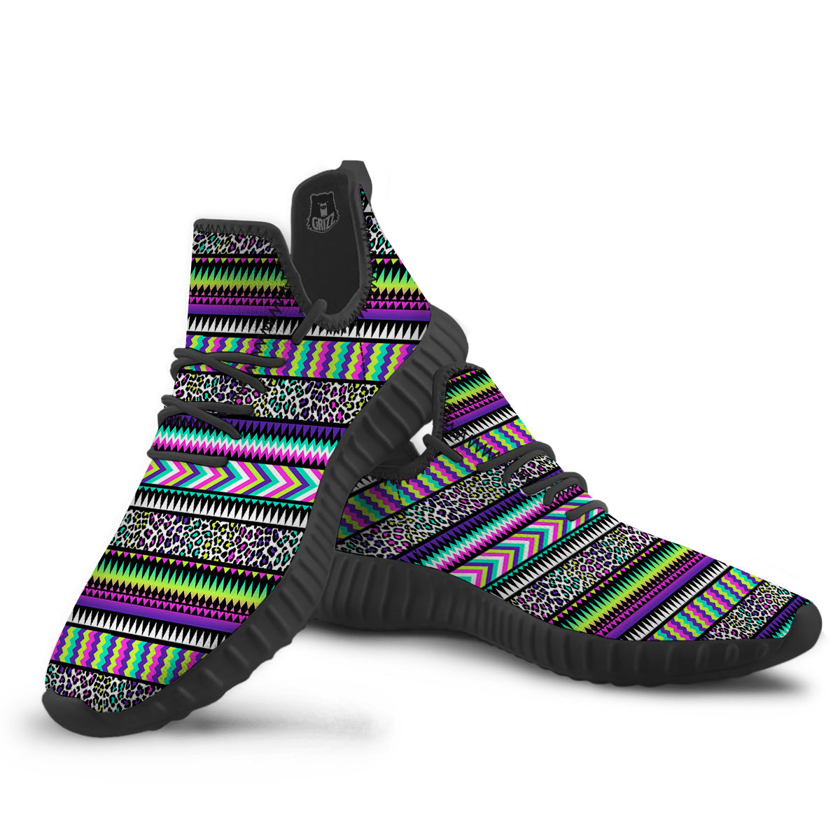 Navajo Tribal Colorful Leopard Print Black Walking Shoes-grizzshop