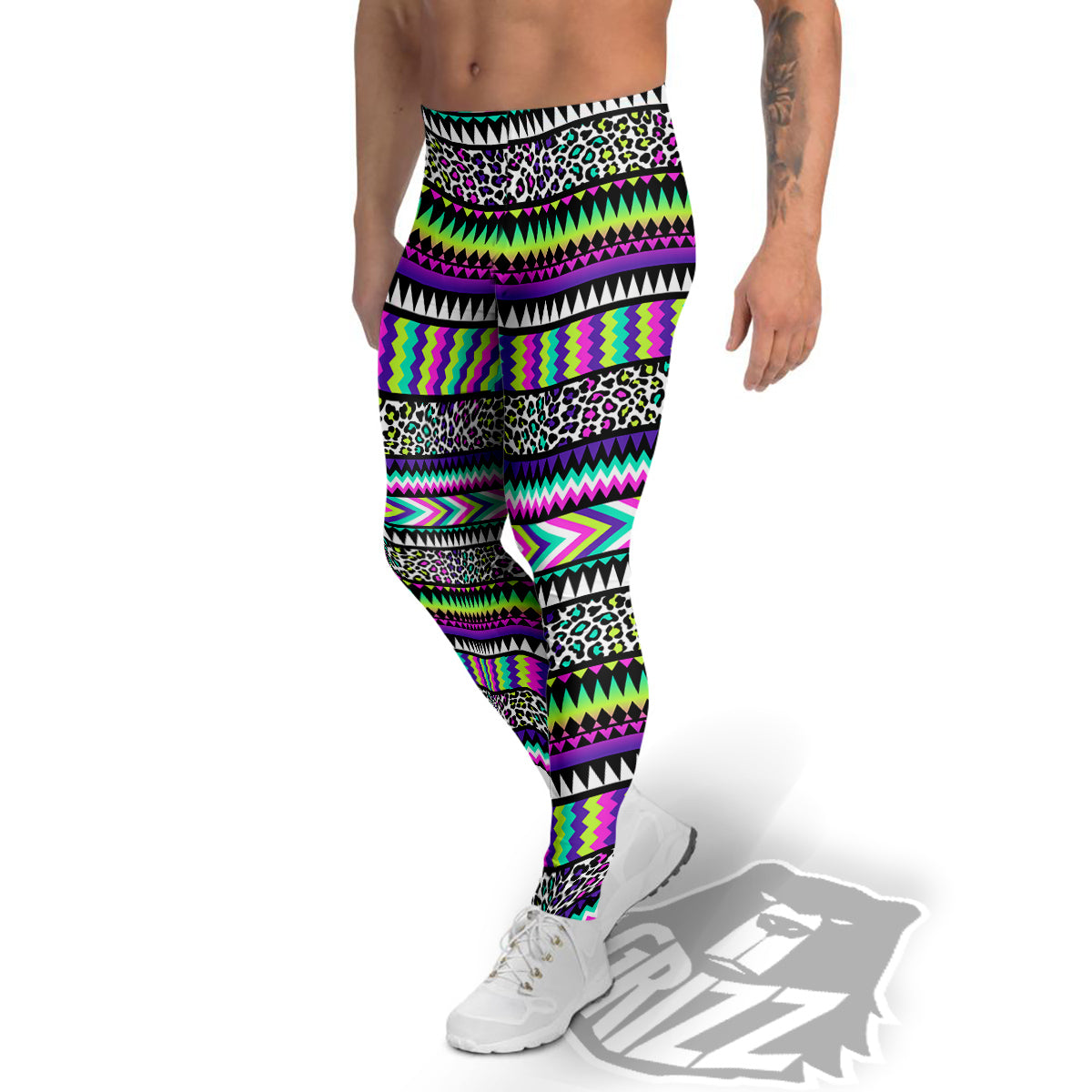 Navajo Tribal Colorful Leopard Print Men's Leggings-grizzshop