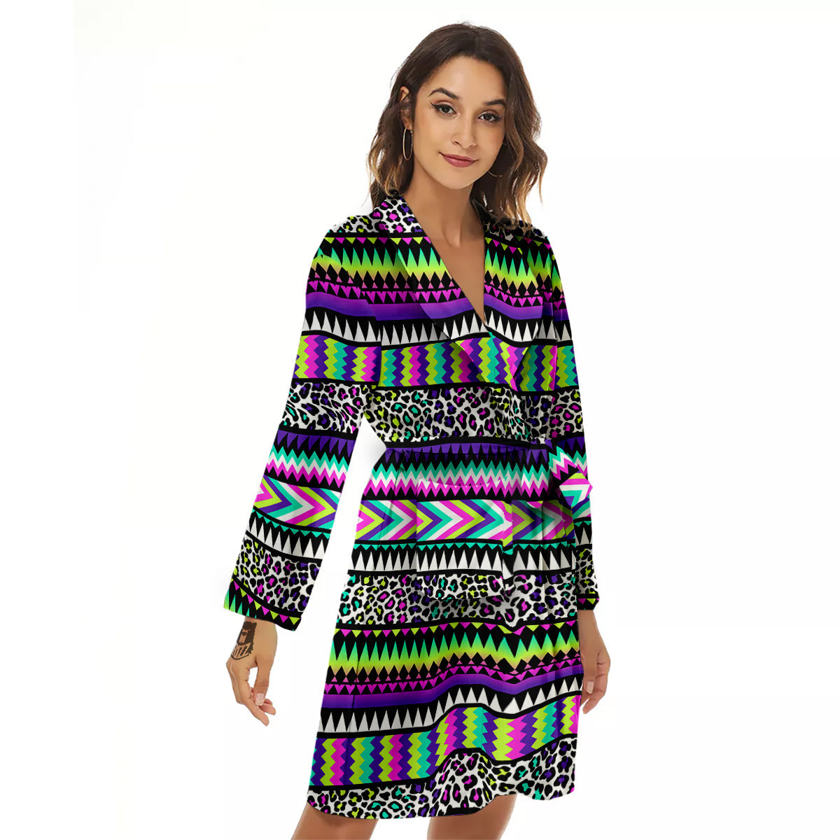 Navajo Tribal Colorful Leopard Print Women's Robe-grizzshop