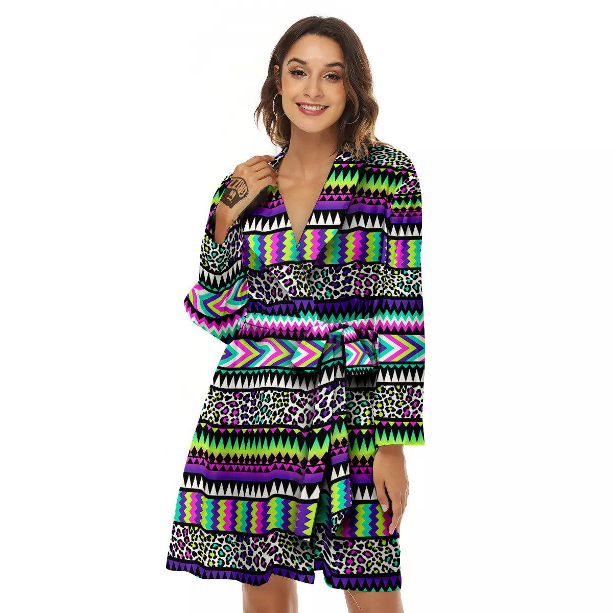 Navajo Tribal Colorful Leopard Print Women's Robe-grizzshop