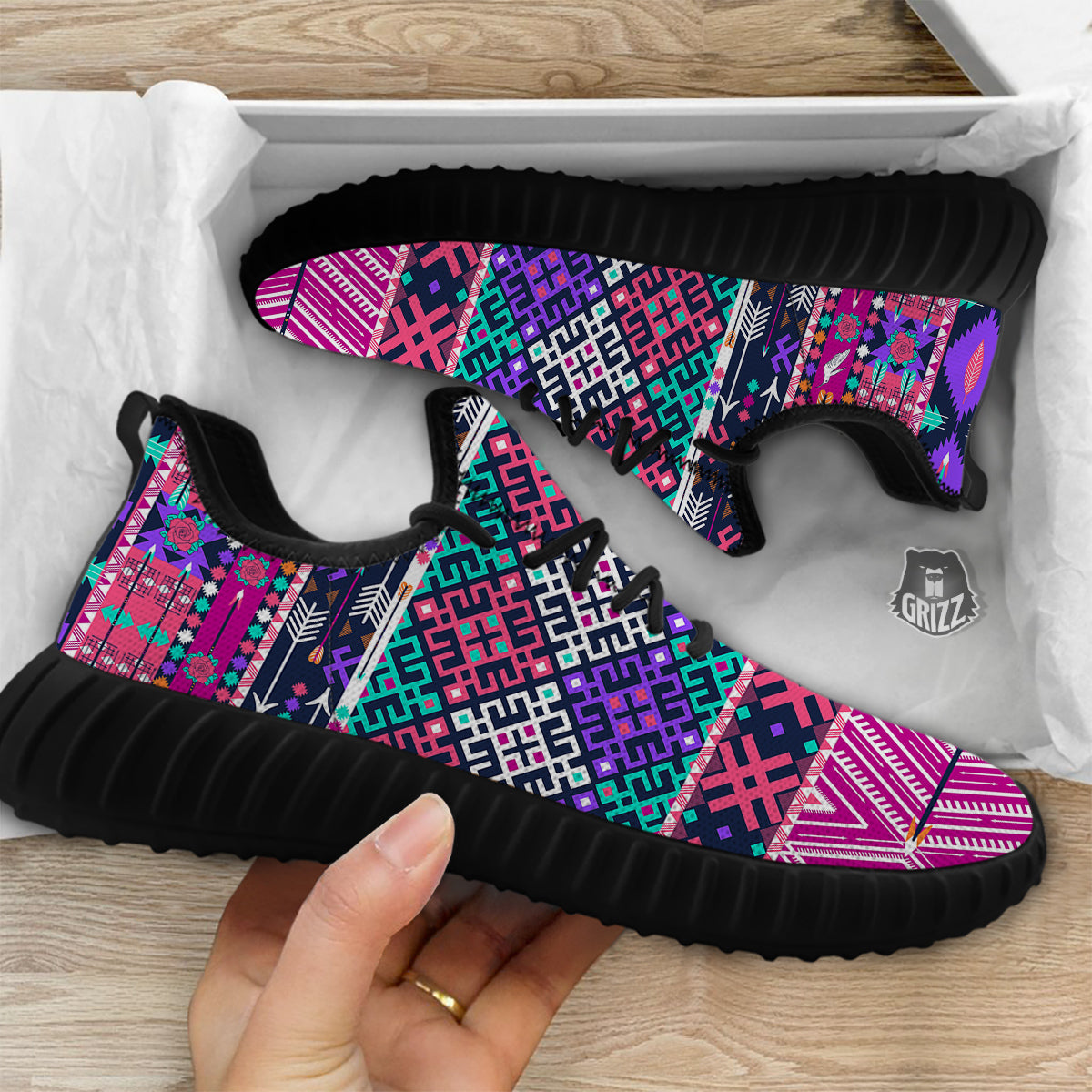 Navajo Tribal Colorful Native Print Black Walking Shoes-grizzshop