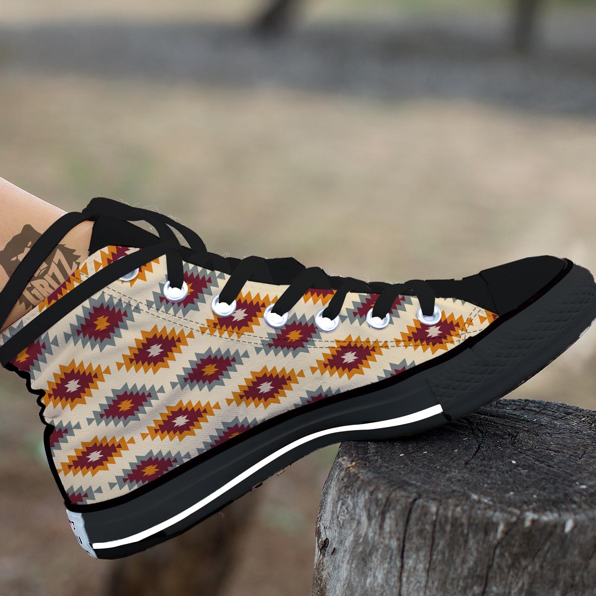 Navajo Tribal Southwestern Print Pattern Black High Top Shoes-grizzshop
