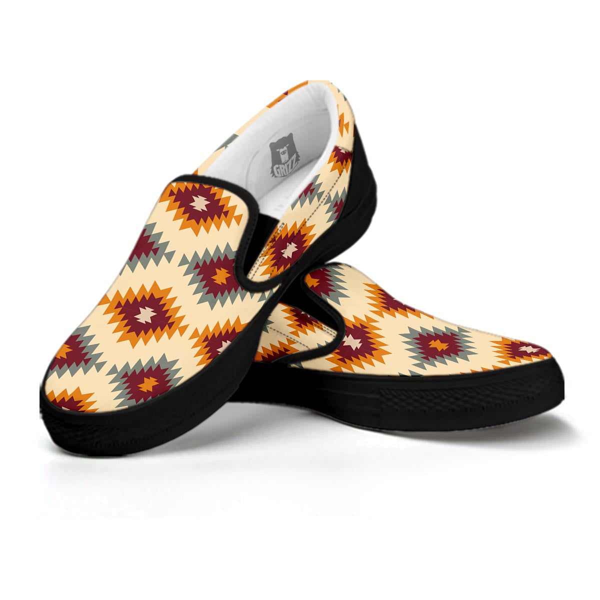 Navajo Tribal Southwestern Print Pattern Black Slip On Shoes-grizzshop