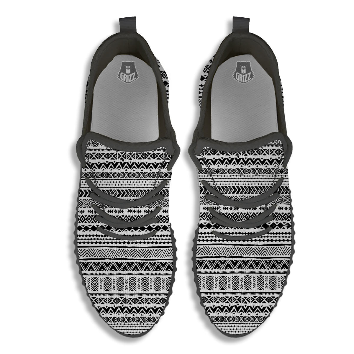 Navajo White And Black Print Pattern Black Walking Shoes-grizzshop