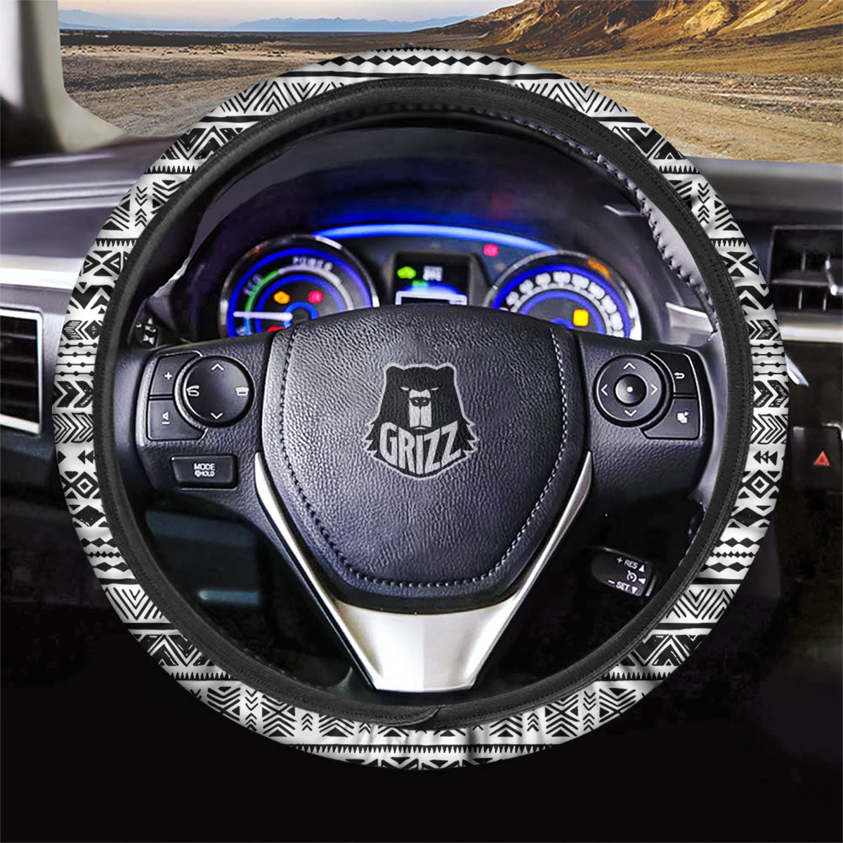Navajo White And Black Print Pattern Car Steering Wheel Cover-grizzshop