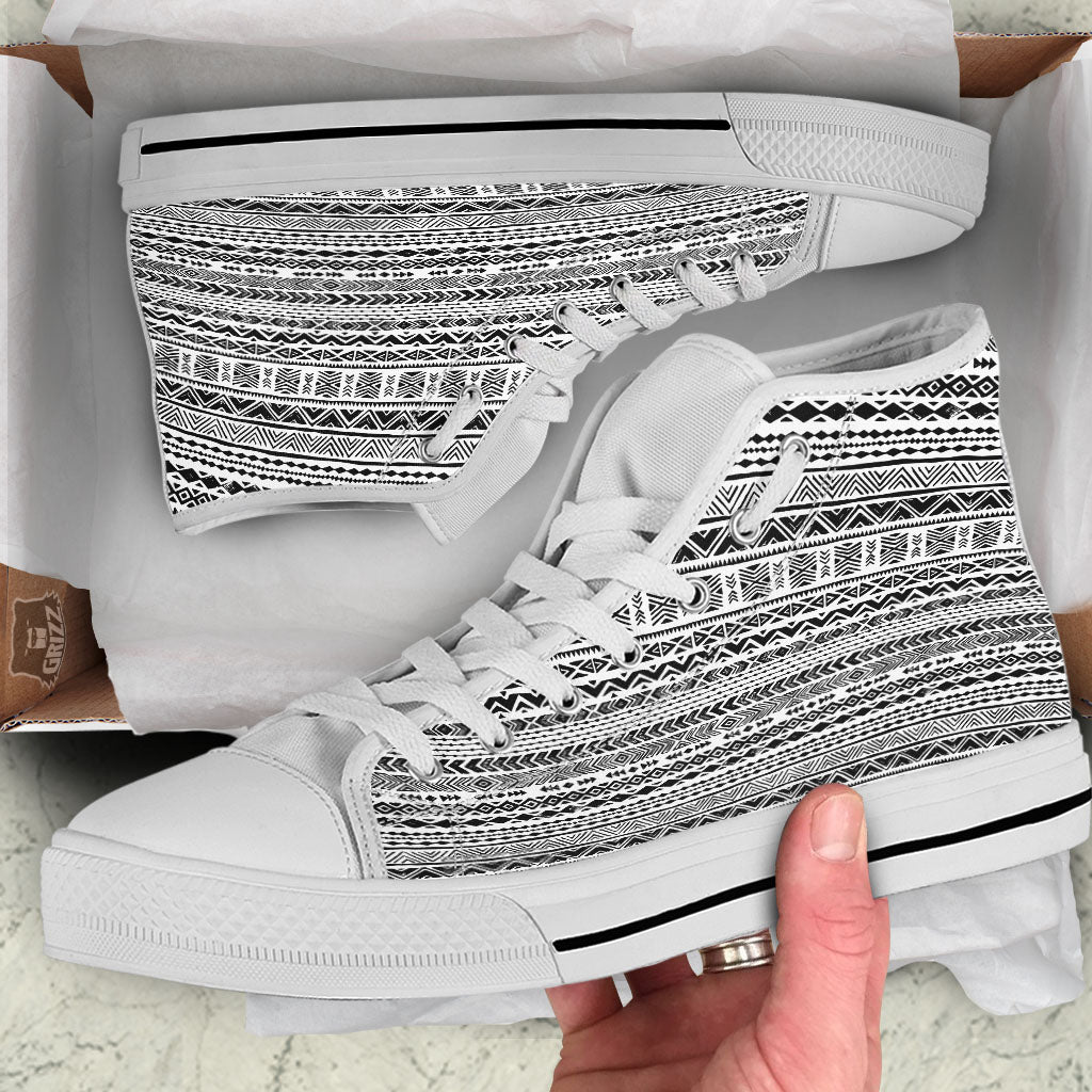 Navajo White And Black Print Pattern White High Top Shoes-grizzshop