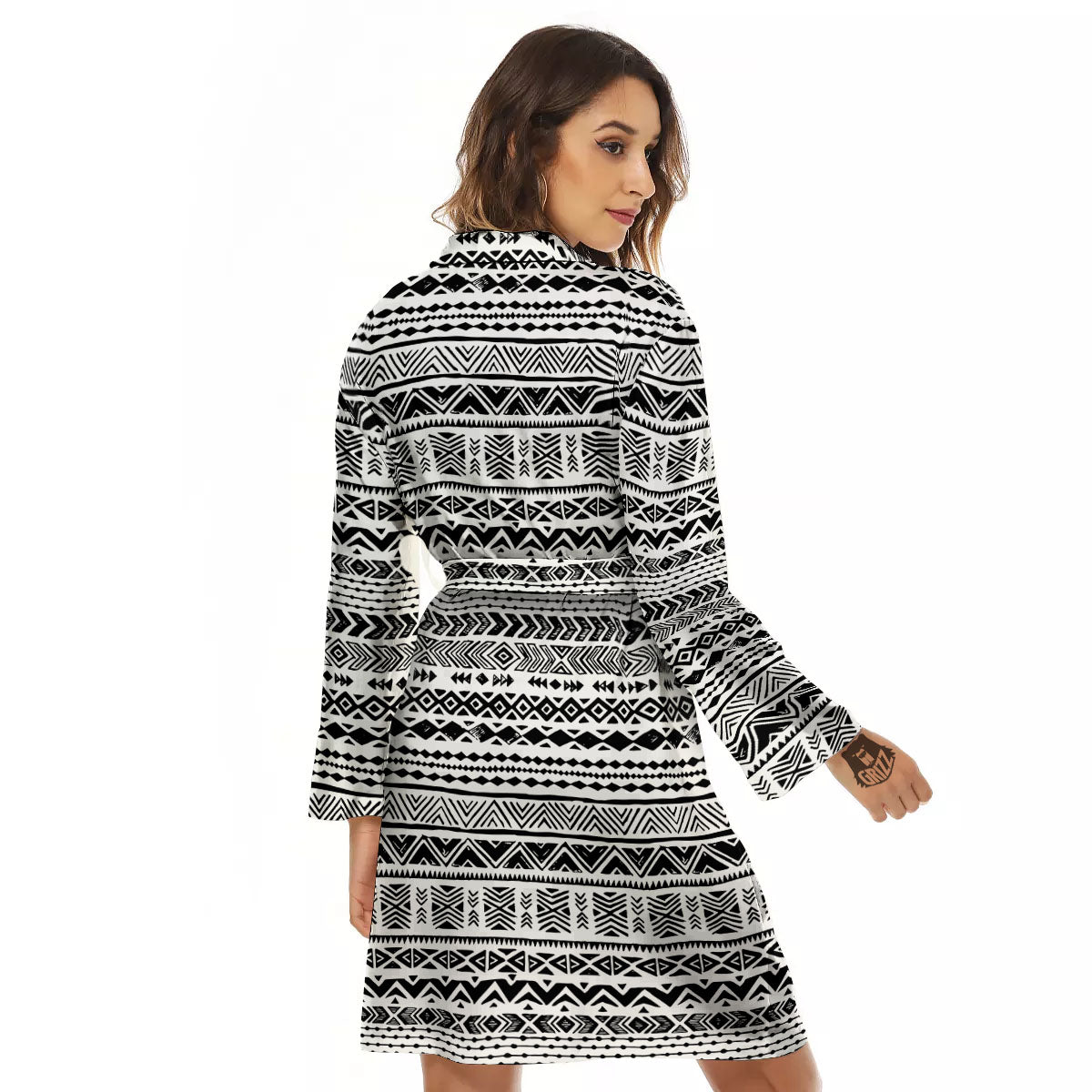 Navajo White And Black Print Pattern Women's Robe-grizzshop