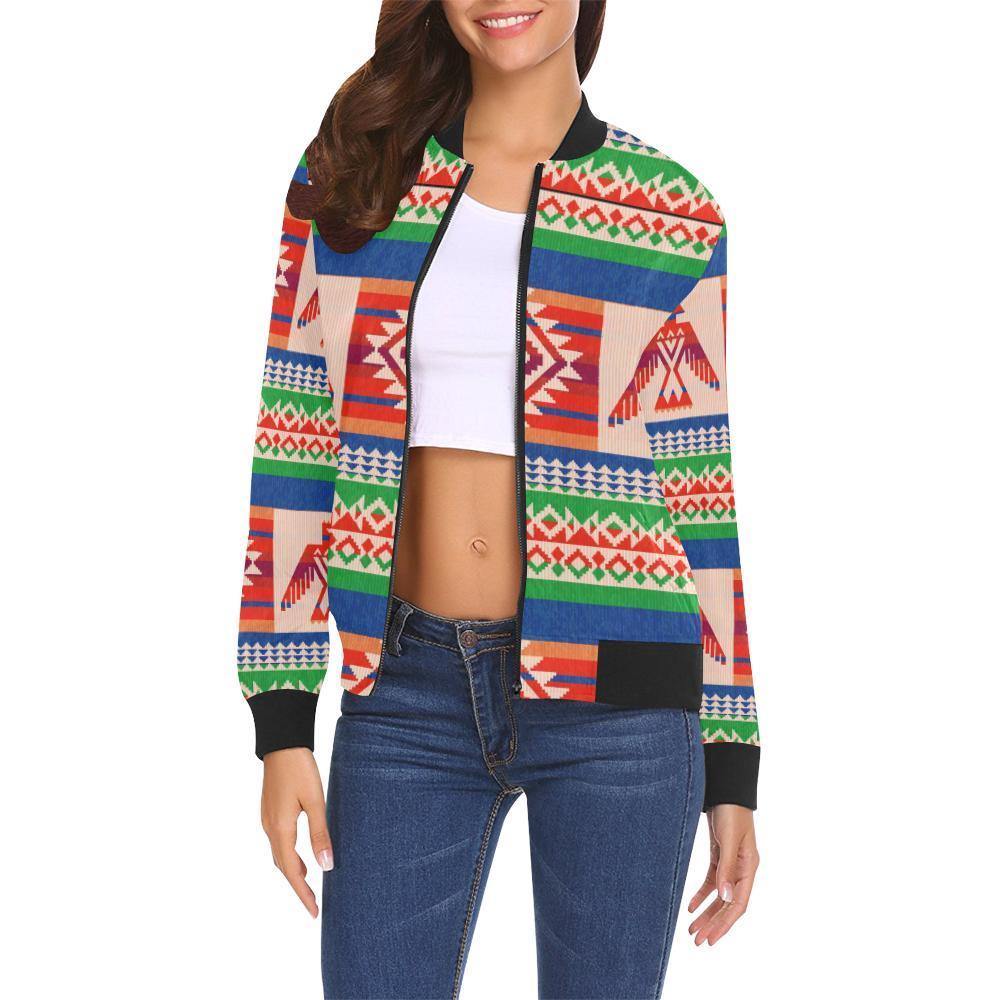 Navajo Aztec Tribal Native Indians American Print Women Casual Bomber Jacket-grizzshop