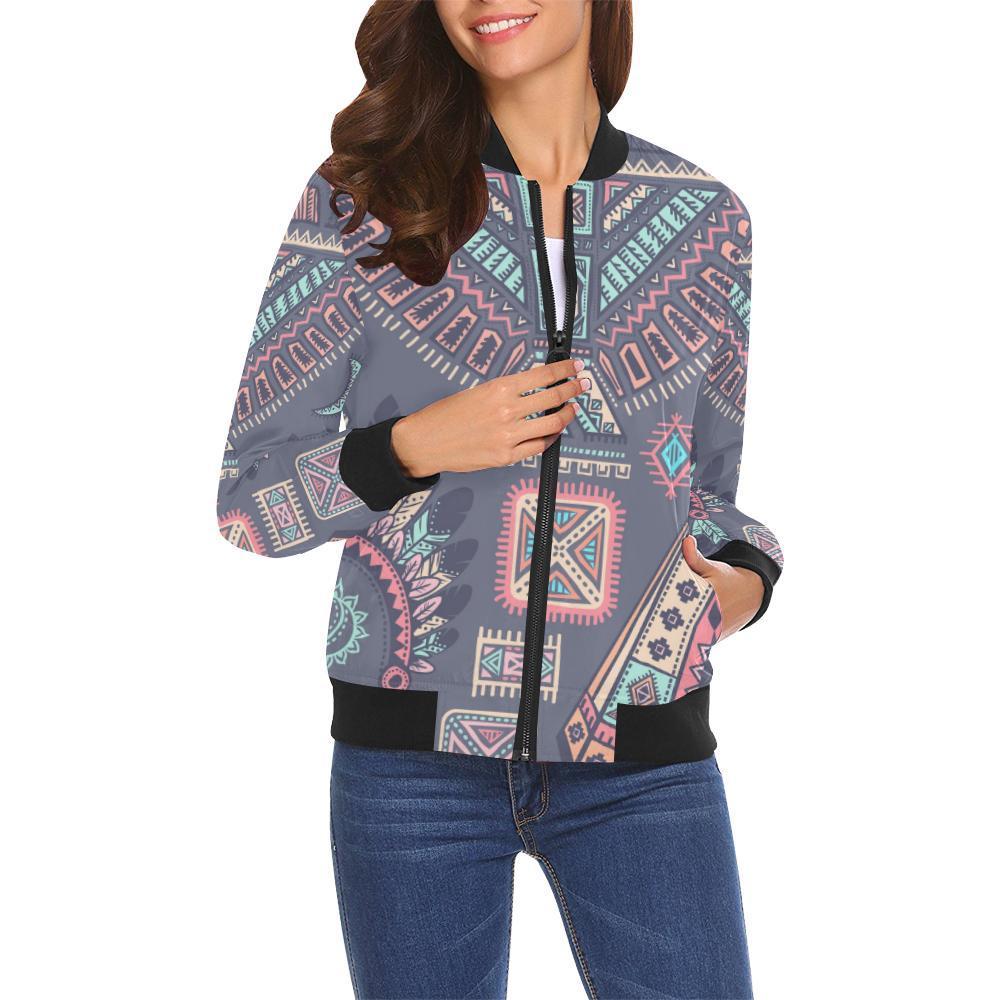 Navajo Native Aztec Indians American Tribal Print Women Casual Bomber Jacket-grizzshop