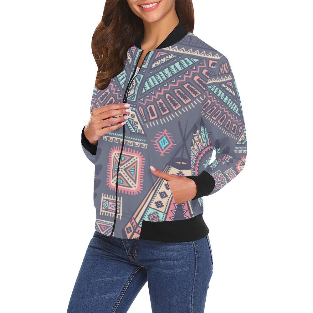 Navajo Native Aztec Indians American Tribal Print Women Casual Bomber Jacket-grizzshop