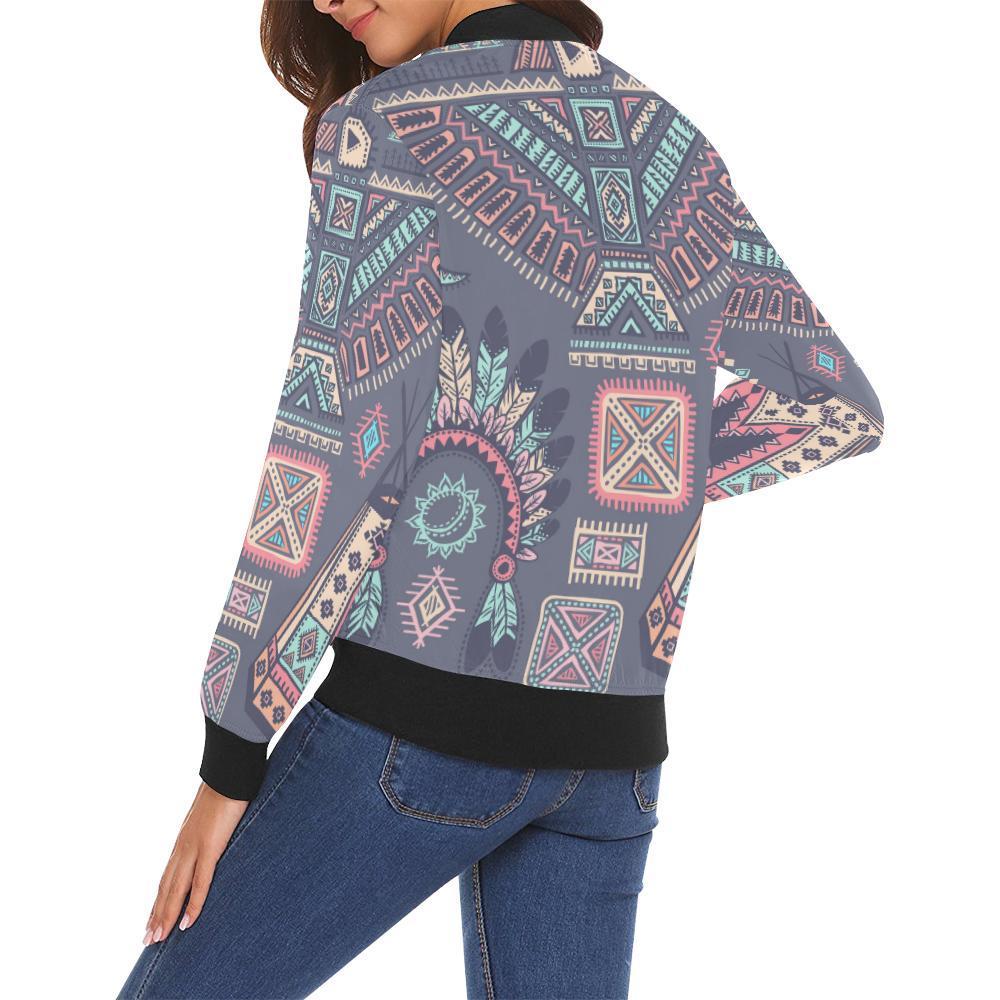 Navajo Native Aztec Indians American Tribal Print Women Casual Bomber Jacket-grizzshop