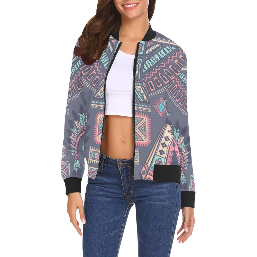 Navajo Native Aztec Indians American Tribal Print Women Casual Bomber Jacket-grizzshop