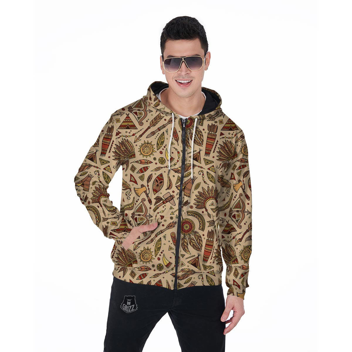 Navajo Tribal Aztec Native Indians American Print Men Zip Up Hoodie-grizzshop
