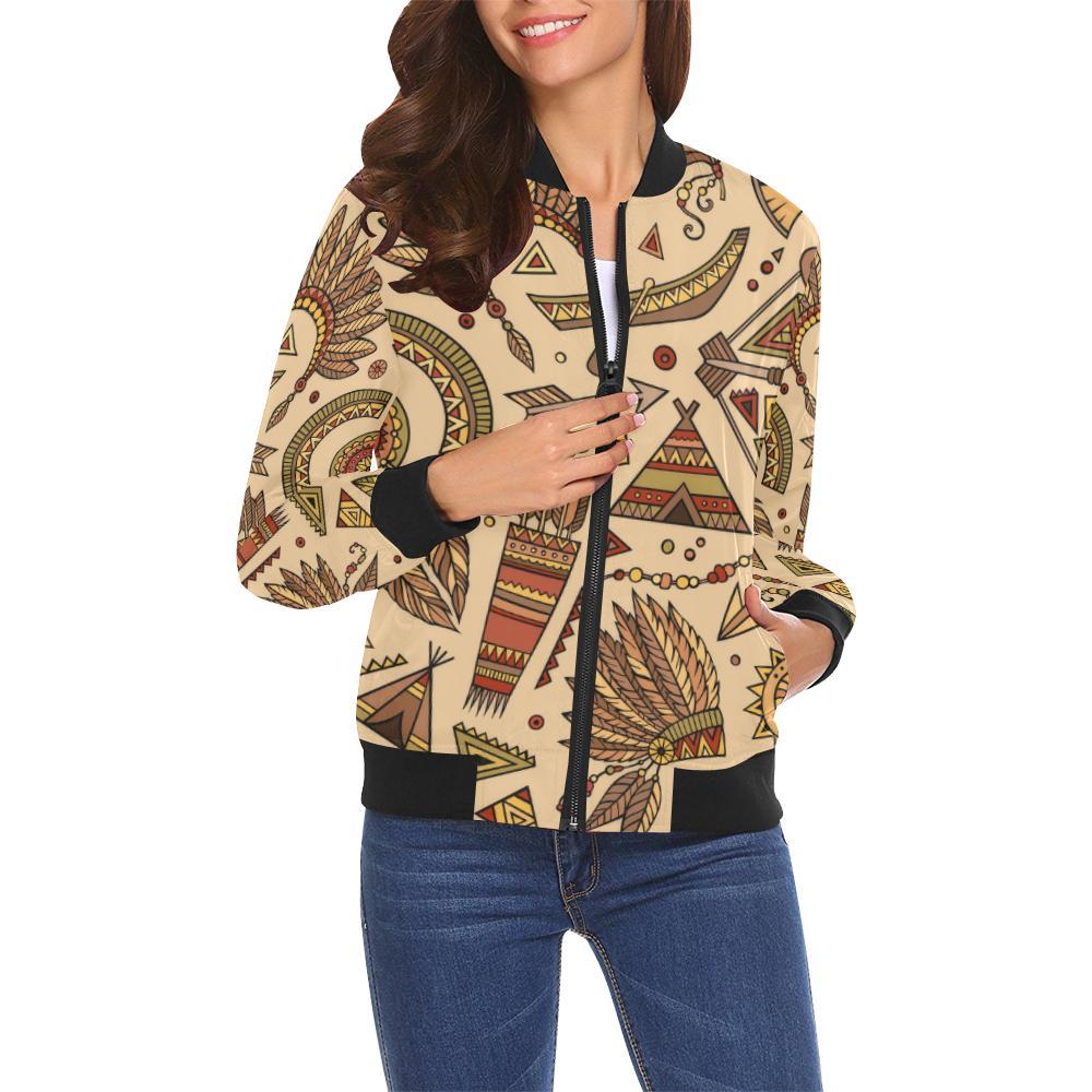 Navajo Tribal Aztec Native Indians American Print Women Casual Bomber Jacket-grizzshop