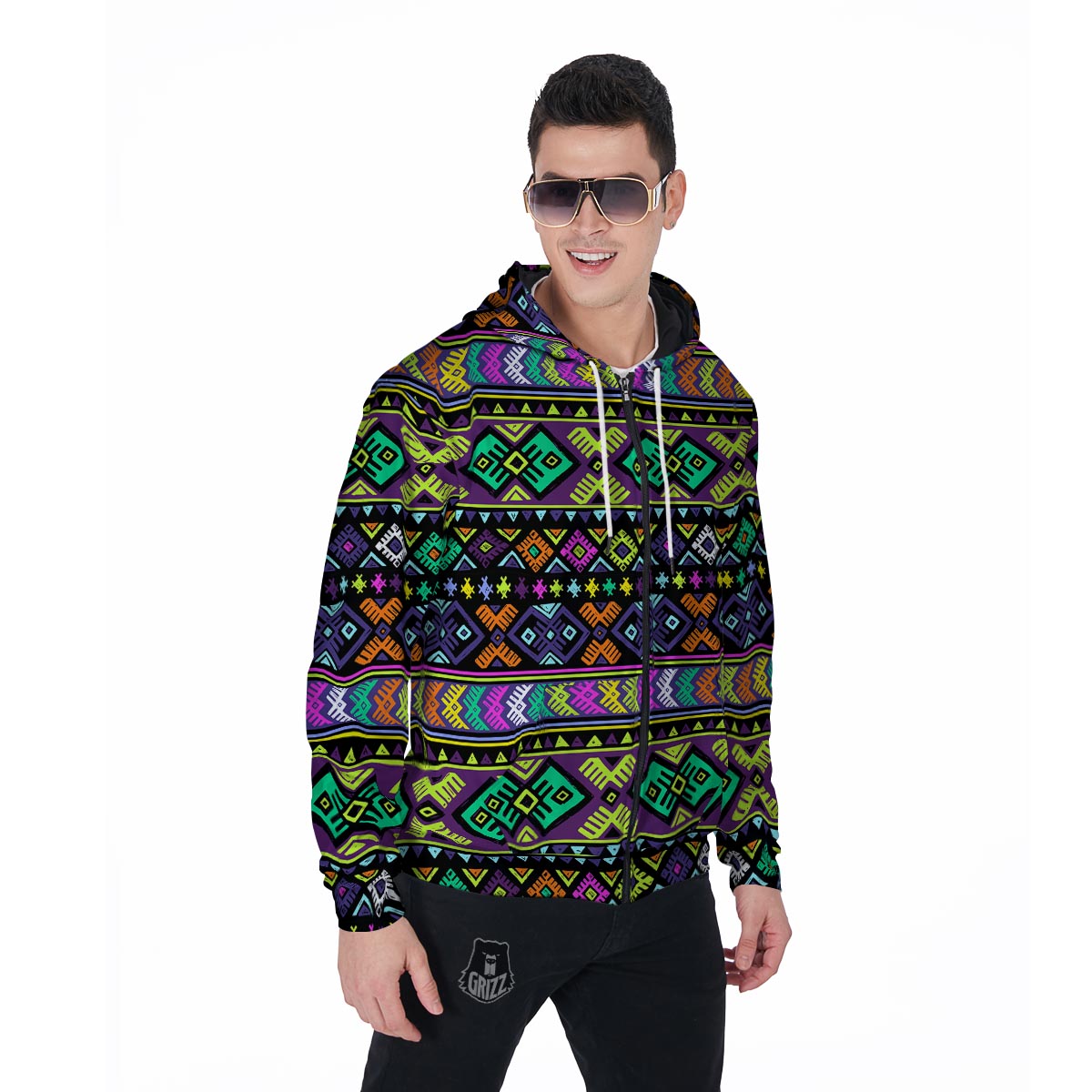 Navojo Aztec Print Men's Zip Up Hoodie-grizzshop