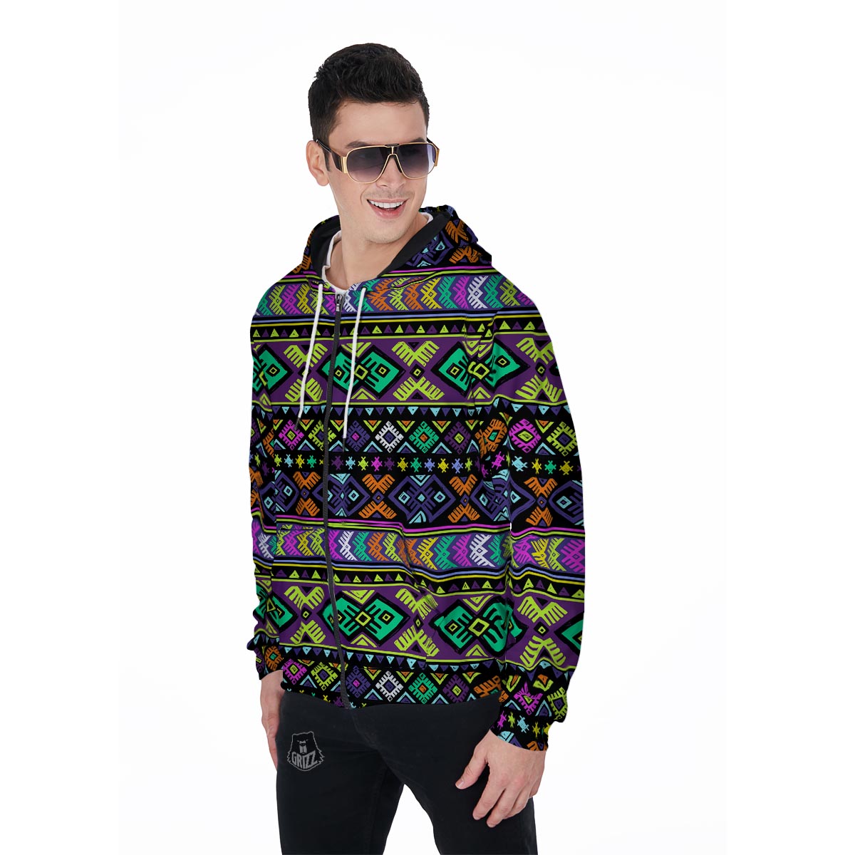 Navojo Aztec Print Men's Zip Up Hoodie-grizzshop