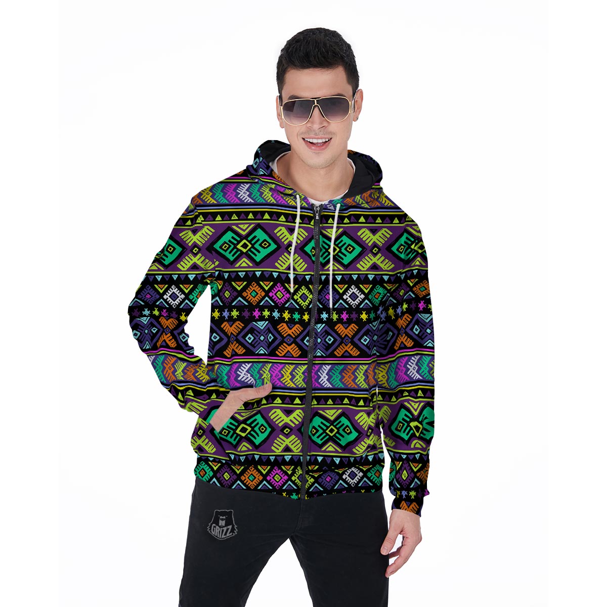 Navojo Aztec Print Men's Zip Up Hoodie-grizzshop