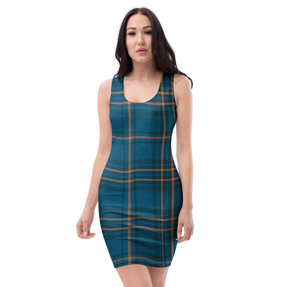 Navy Blue Plaid Tartan Bodycon Dress-grizzshop