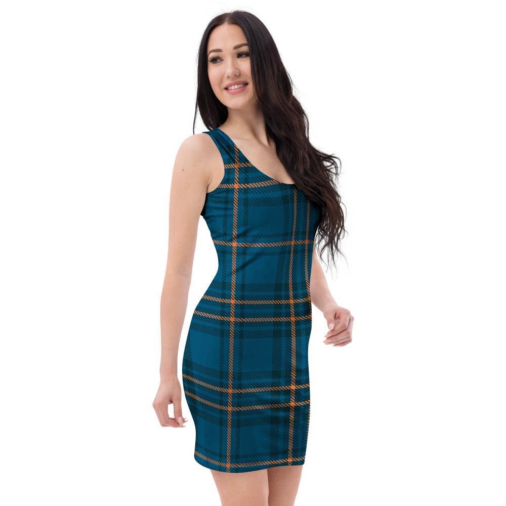Navy Blue Plaid Tartan Bodycon Dress-grizzshop
