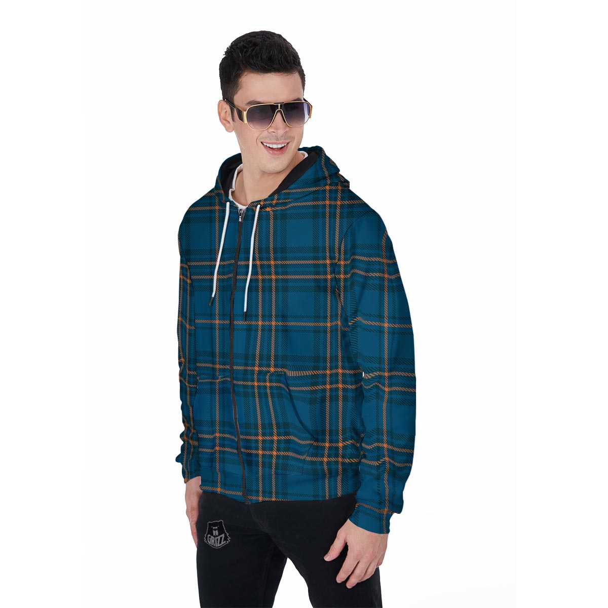 Navy Blue Plaid Tartan Men's Zip Up Hoodie-grizzshop