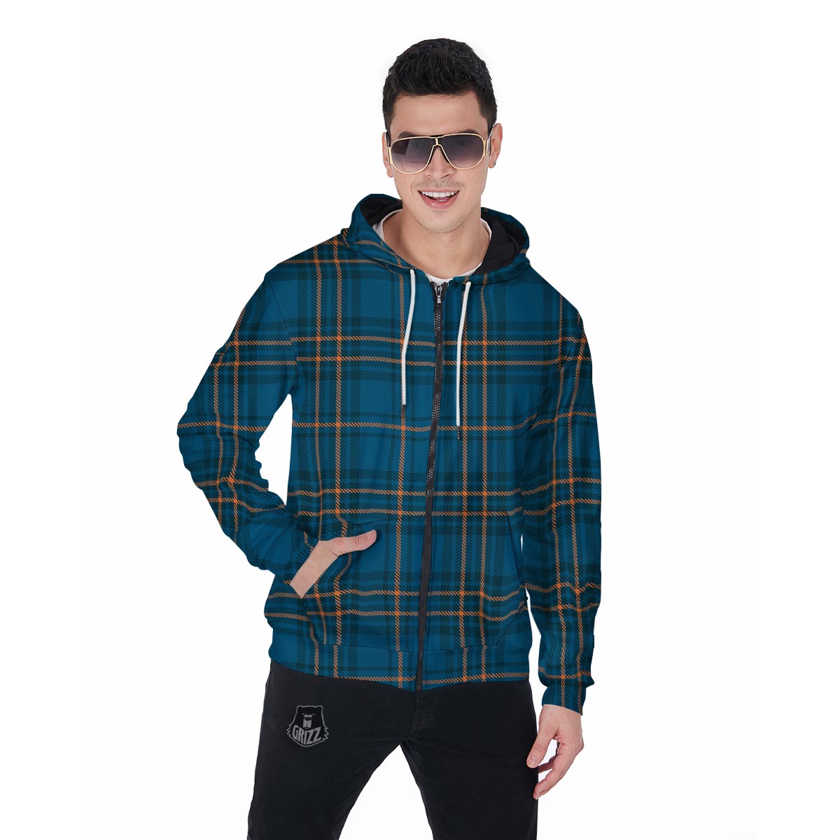 Navy Blue Plaid Tartan Men's Zip Up Hoodie-grizzshop