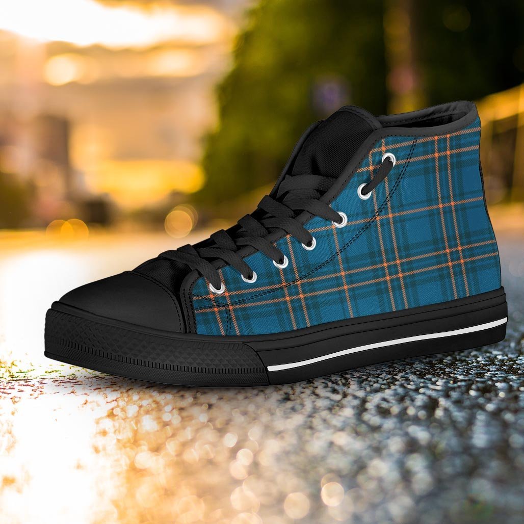 Navy Blue Plaid Tartan Women's High Top Shoes-grizzshop