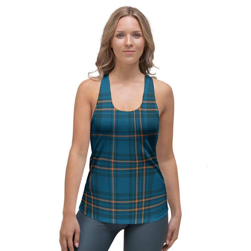 Navy Blue Plaid Tartan Women's Racerback Tank Top-grizzshop