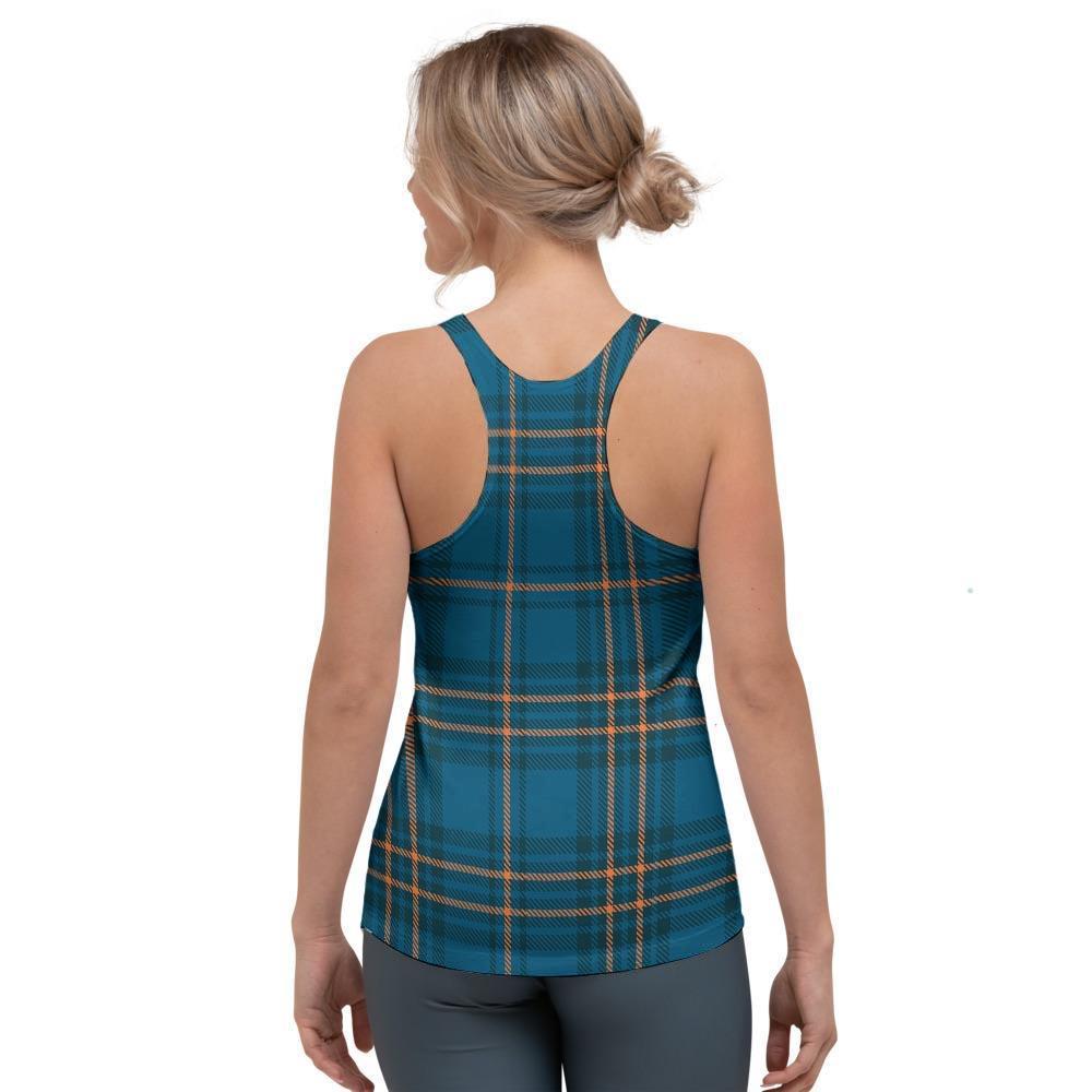 Navy Blue Plaid Tartan Women's Racerback Tank Top-grizzshop