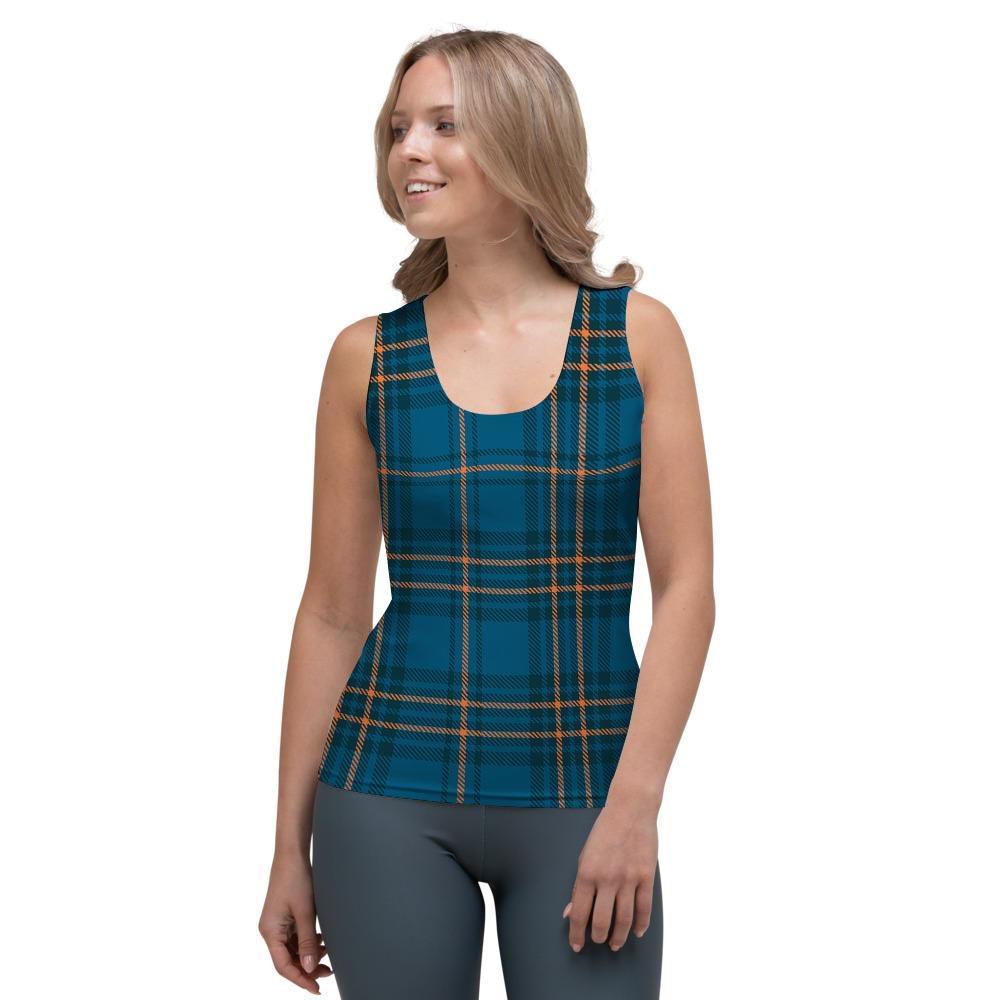 Navy Blue Plaid Tartan Women's Tank Top-grizzshop