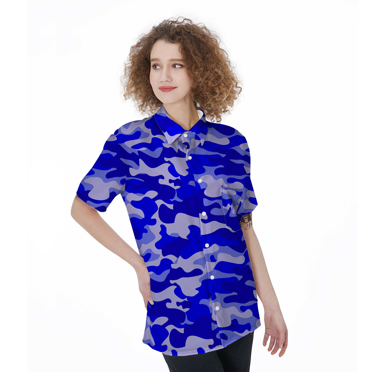Navy Camo And Camouflage Print Women's Short Sleeve Shirts-grizzshop