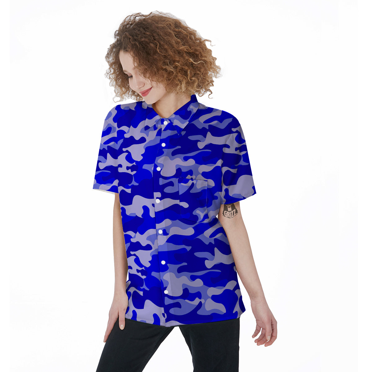Navy Camo And Camouflage Print Women's Short Sleeve Shirts-grizzshop