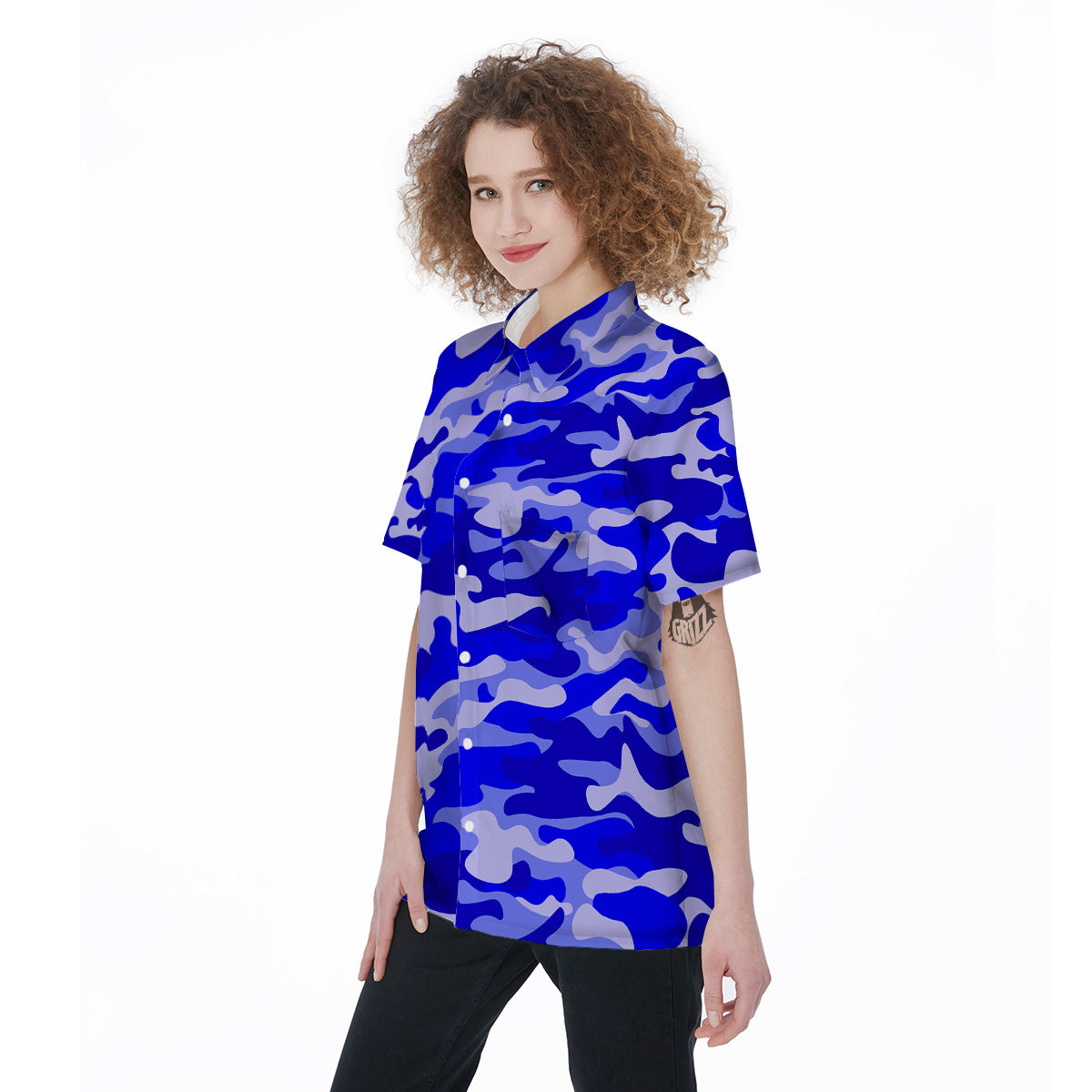 Navy Camo And Camouflage Print Women's Short Sleeve Shirts-grizzshop