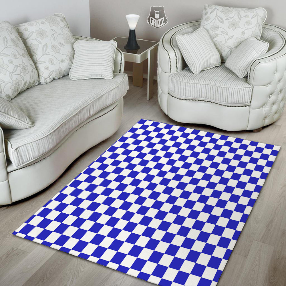 Navy Checkered Flag Print Floor Mat-grizzshop