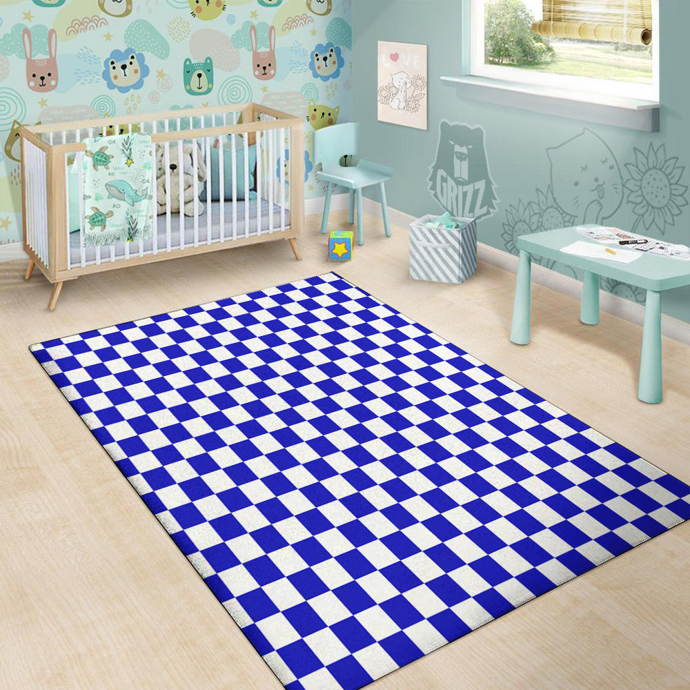 Navy Checkered Flag Print Floor Mat-grizzshop