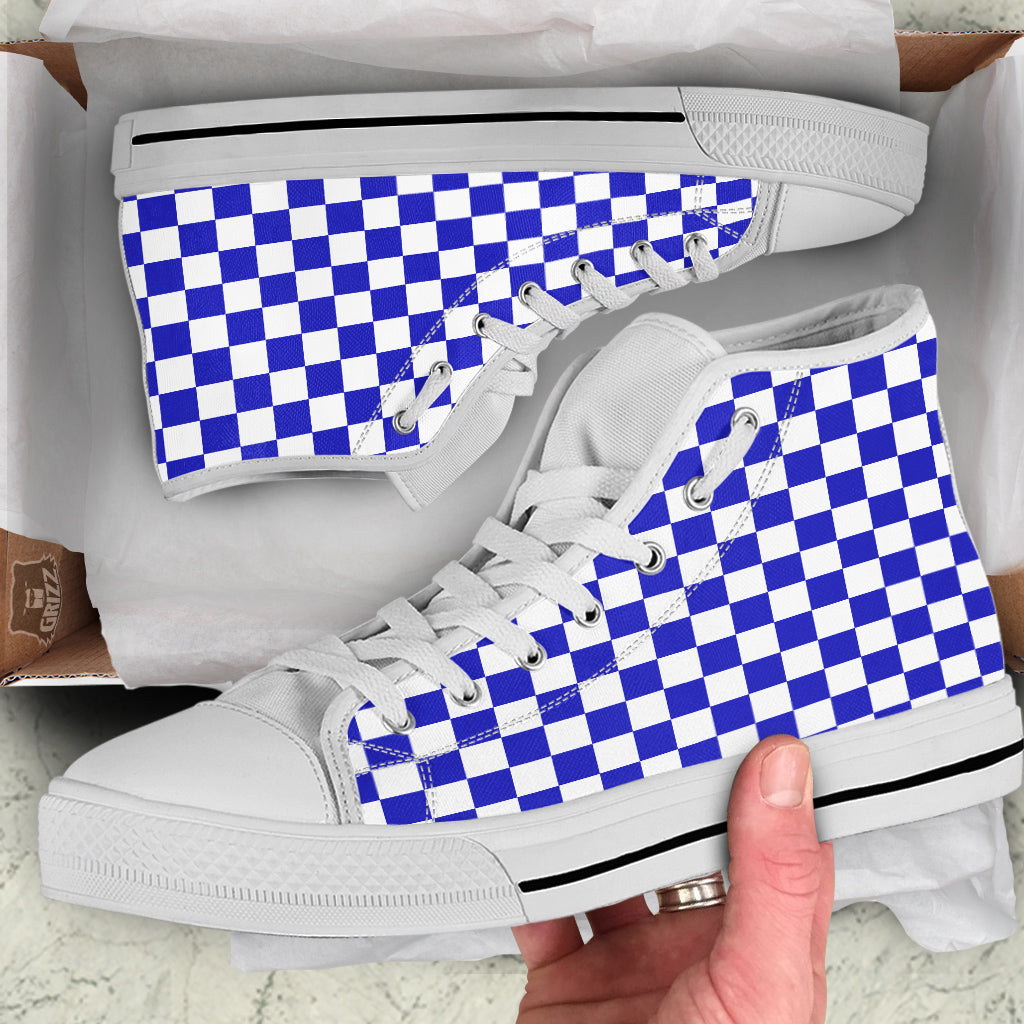 Navy Checkered Flag Print White High Top Shoes-grizzshop