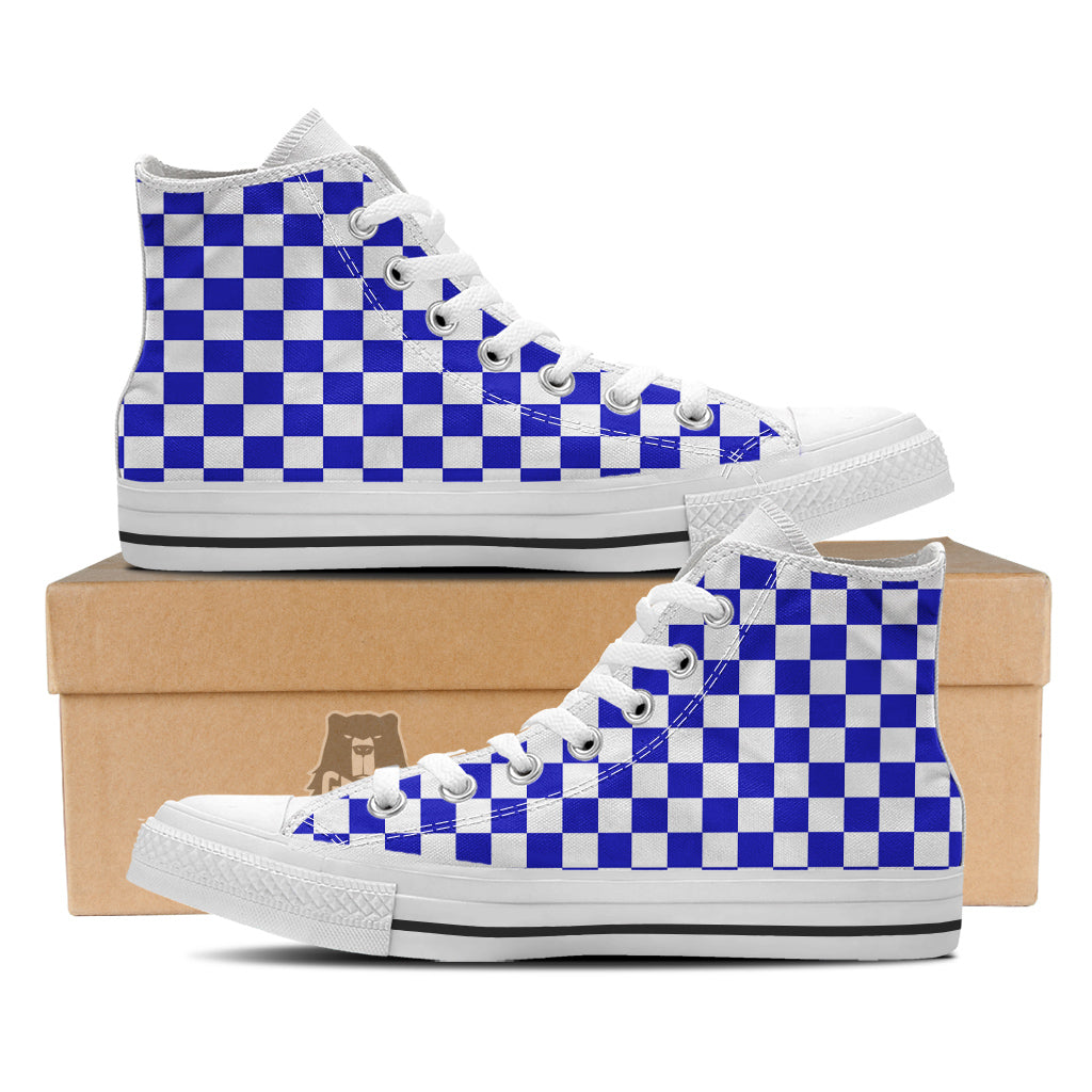 Navy Checkered Flag Print White High Top Shoes-grizzshop