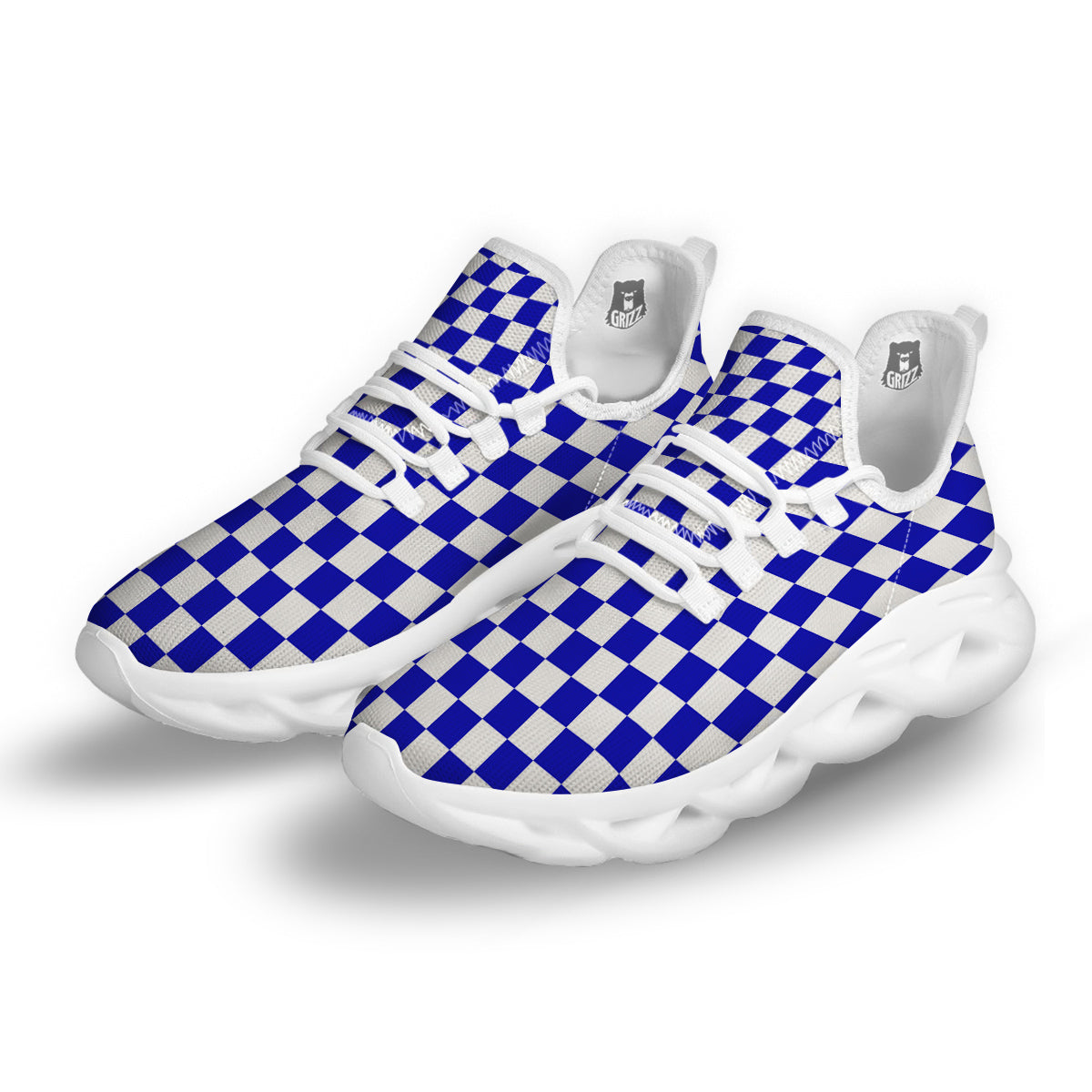 Navy Checkered Flag Print White Running Shoes-grizzshop