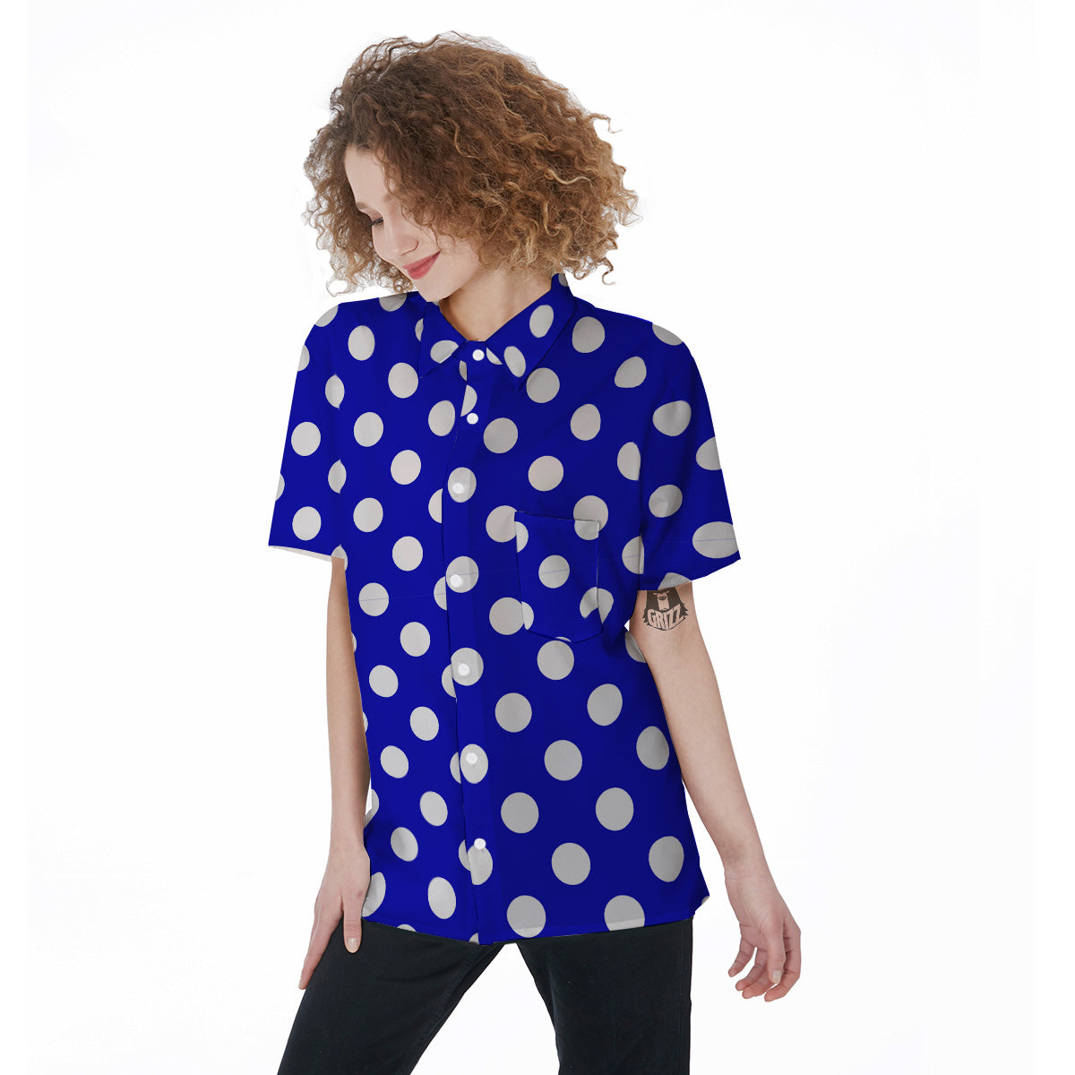 Navy Color Polka Dot Print Pattern Women's Short Sleeve Shirts-grizzshop