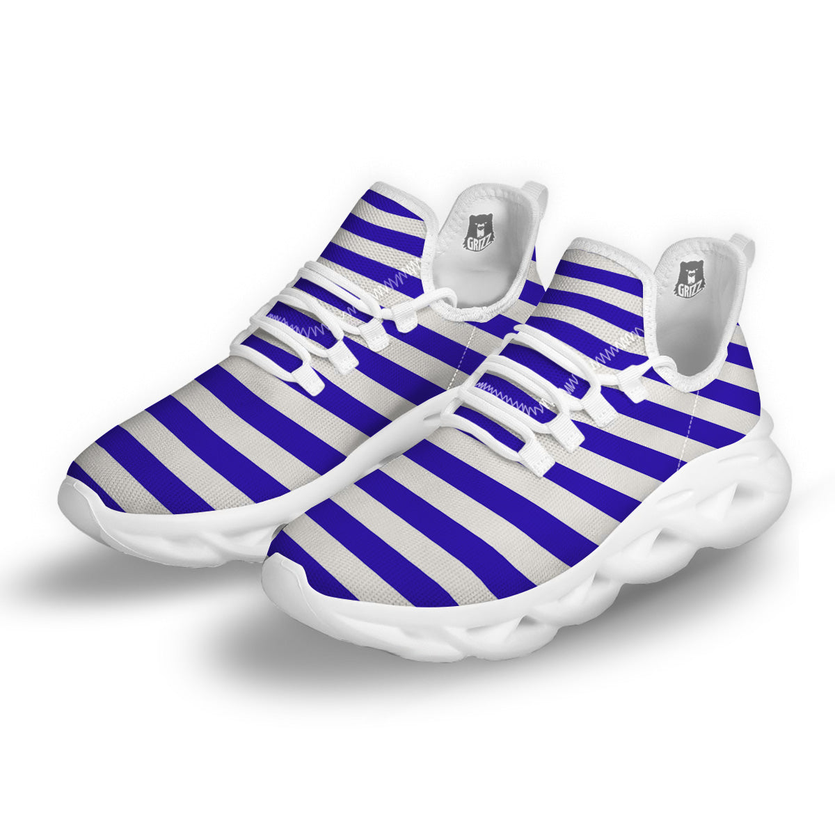 Navy Color Striped Print White Running Shoes-grizzshop