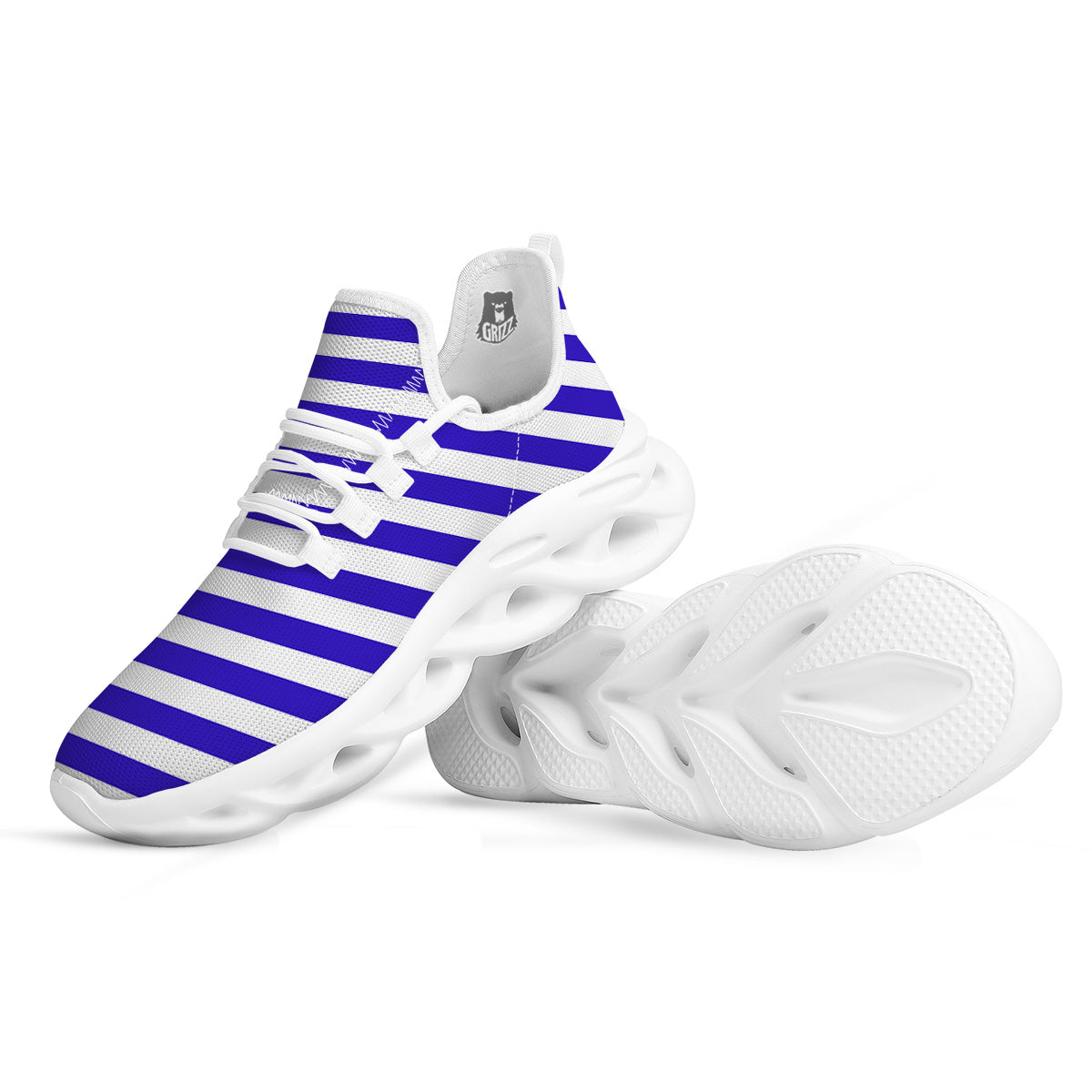 Navy Color Striped Print White Running Shoes-grizzshop