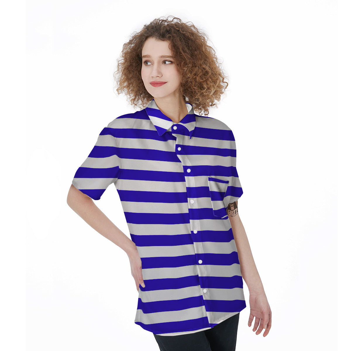 Navy Color Striped Print Women's Short Sleeve Shirts-grizzshop