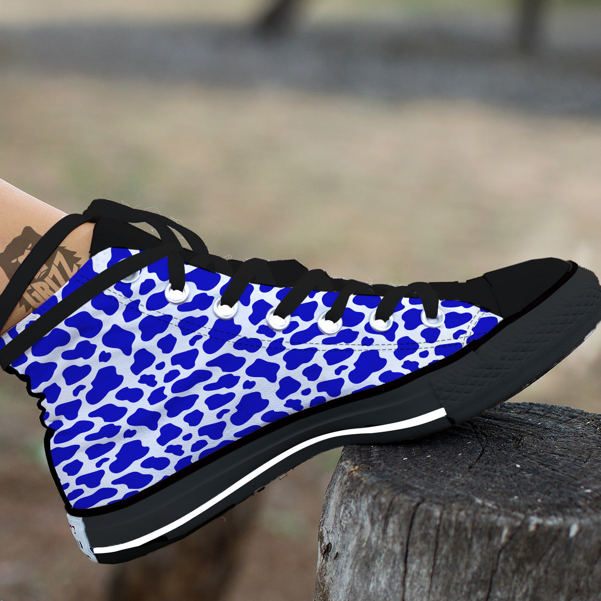 Navy Cow Print Pattern Black High Top Shoes-grizzshop
