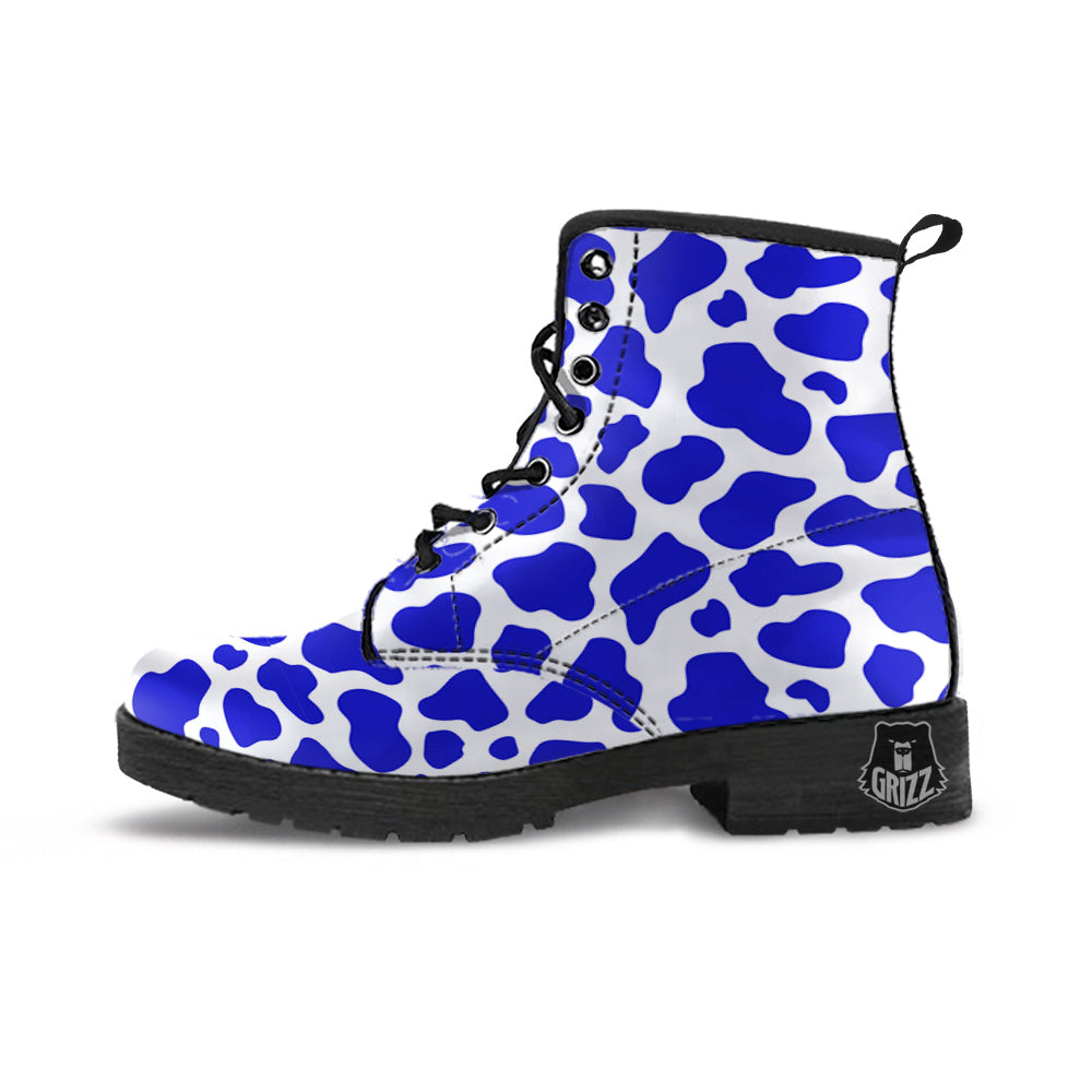 Navy Cow Print Pattern Leather Boots-grizzshop